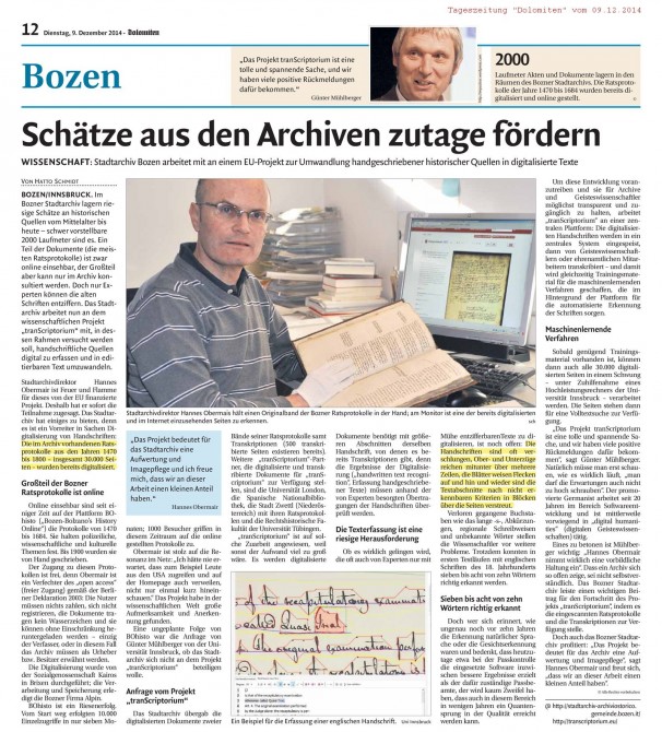 Pressemeldung, Tageszeitung "Dolomiten" vom 09.12.2014